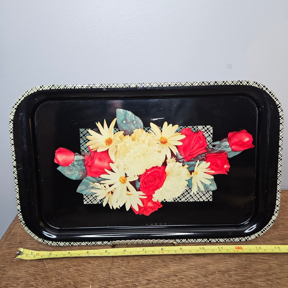 Vintage Black Metal Floral‎ Serving Tray Roses Daisies Lattice Border 13.5x8.5